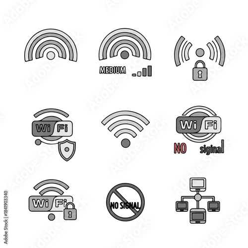 Set of WiFi and network signal icons illustrating connectivity and security status.