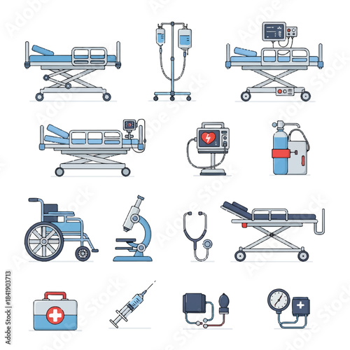 Collection of Medical Equipment and Hospital Supplies Illustrated.