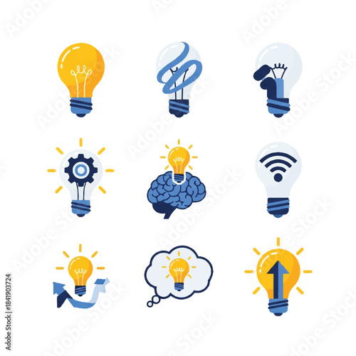 Collection of nine unique light bulb icons representing ideas and innovation.