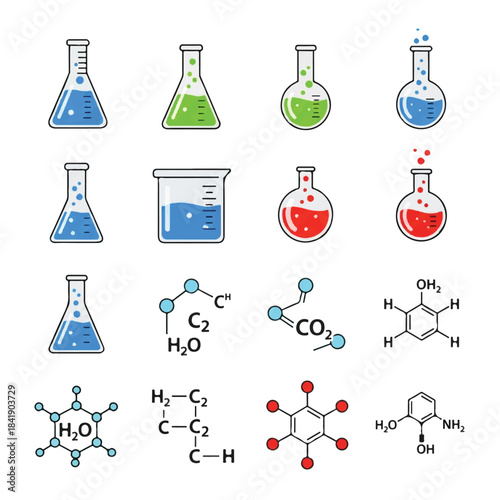 Collection of Chemistry Lab Equipment and Molecular Structures.