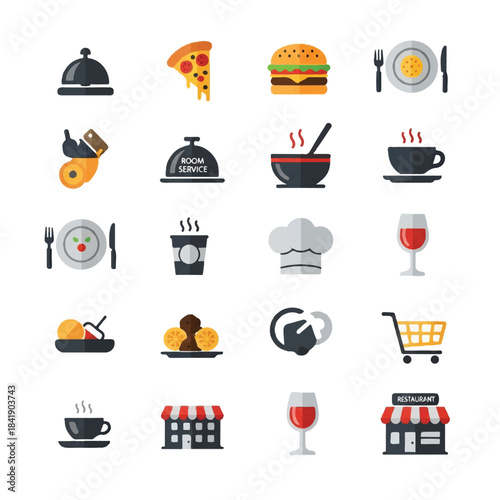 Collection of restaurant and food icons for digital use.