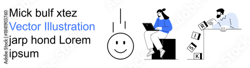 Risk management, remote work, emotional well-being, communication, problem-solving, business concepts. Minimalist design showing a man arranging blocks spelling risk, a person working on a laptop