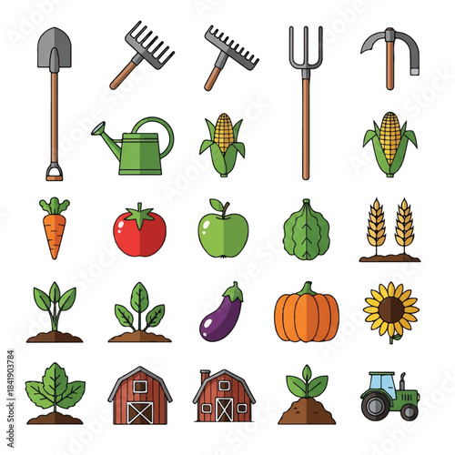 Collection of farming and gardening tools fresh produce and farm elements.