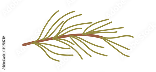 Flat cardboard pine branch ornament with green decoration in holiday style. Christmas plant accent for winter gift or kraft box. Simple graphic decor uses branch and ornament for seasonal