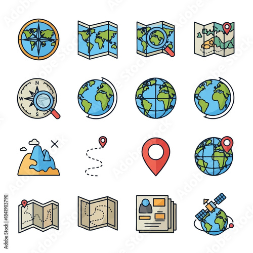 Collection of Travel and Navigation Icons Representing Maps and Globes.