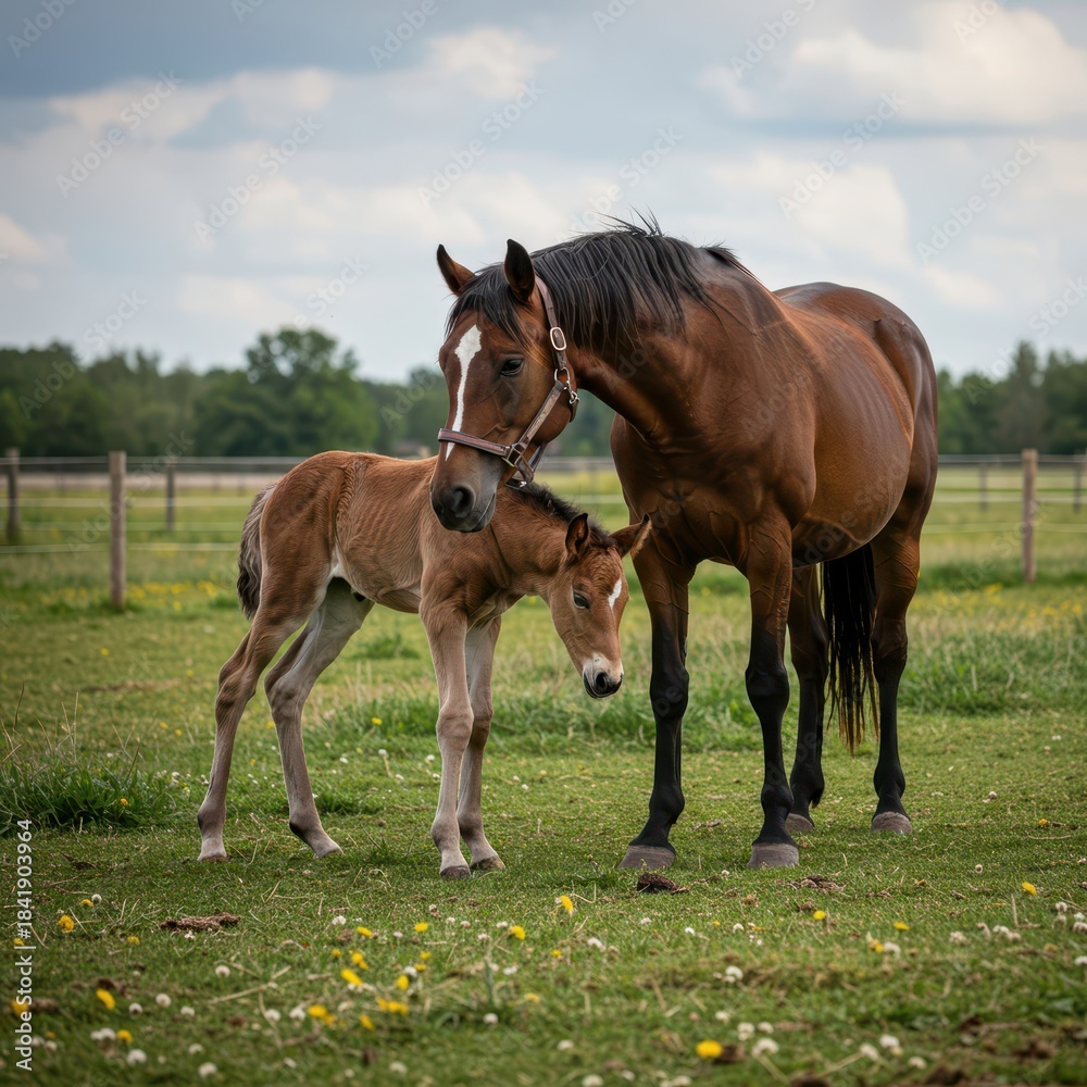 Fototapeta premium A gentle mare watches over her wobbly newborn foal standing in a sunny, grassy pasture during the height of the birthing season, season, ranch, foal season