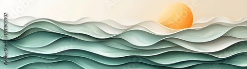 Abstract layered waves in soothing shades of teal and white with a radiant orange sun rising above the horizon, creating a serene and tranquil atmosphere.