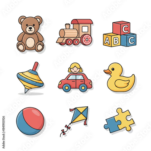 Collection of various colorful childrens toys for play and development.