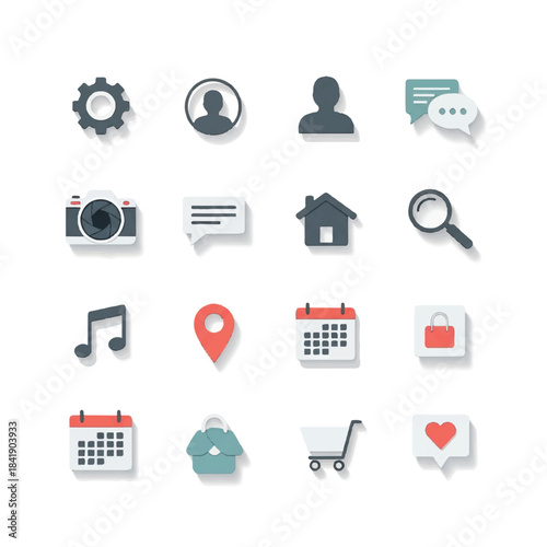 Collection of various flat design web and mobile application icons.