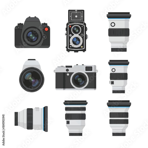 Collection of various vintage and modern camera equipment and lenses.