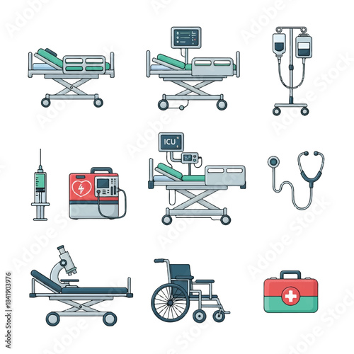 Medical Equipment Collection Hospital Beds Wheelchair Syringe Stethoscope and First Aid Kit.
