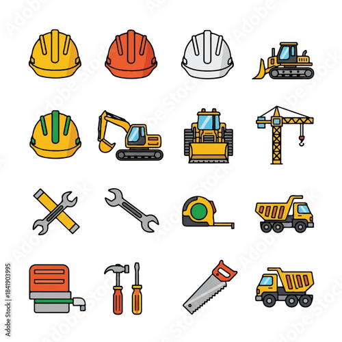 Foto Construction equipment and safety gear icons collection.