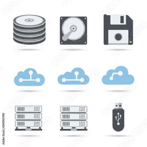 Data Storage Devices and Cloud Computing Icons Set.