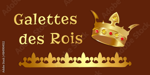 Festive Galette des Rois illustration featuring a golden royal crown with sparkling gems on a dark background, perfect for Epiphany celebrations, banner, cards, and holiday designs