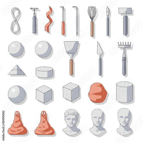Sculpting tools and clay shapes for artistic creation.