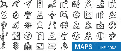 Maps and navigation line icon set featuring location markers, GPS symbols, route planning, compass elements, travel guidance, direction tools, and global map illustrations.
