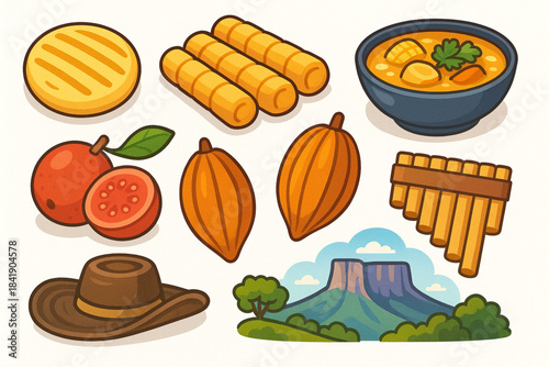 Colorful cartoon illustration of Venezuelan culture, food, and nature icons