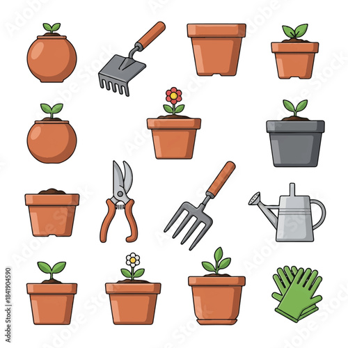 Gardening tools and potted plants collection for home and garden.