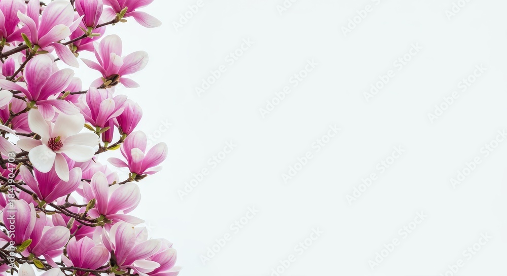 Fototapeta premium Lush pink and white magnolia blossoms form a beautiful decorative springtime floral border against a clean background, symbolizing renewal and freshness ,vibrant ,beautiful ,overhead view