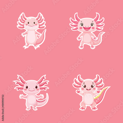 A collection of four adorable pink axolotl characters with frilly gills and smiling faces, presented on a solid pink background.