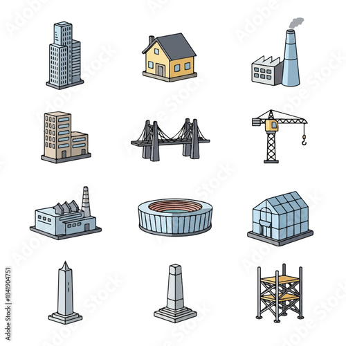 Collection of diverse architectural structures and industrial buildings.