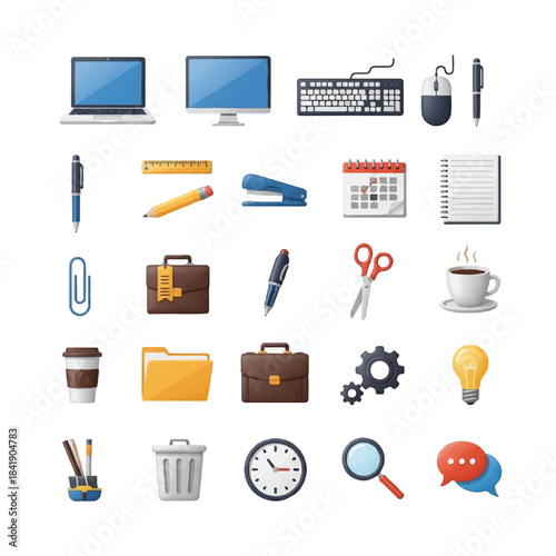 Collection of various office and business supplies on a white background.