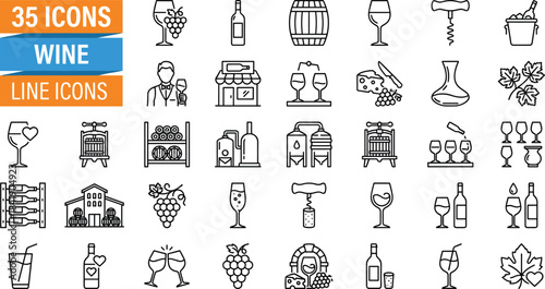 Collection of elegant wine line icons featuring bottles, glasses, grapes, barrels, wineries, and tasting elements for culinary, hospitality, and vineyard design projects.