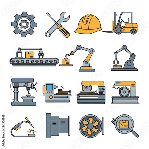 Industrial manufacturing and production line machinery and tools set.