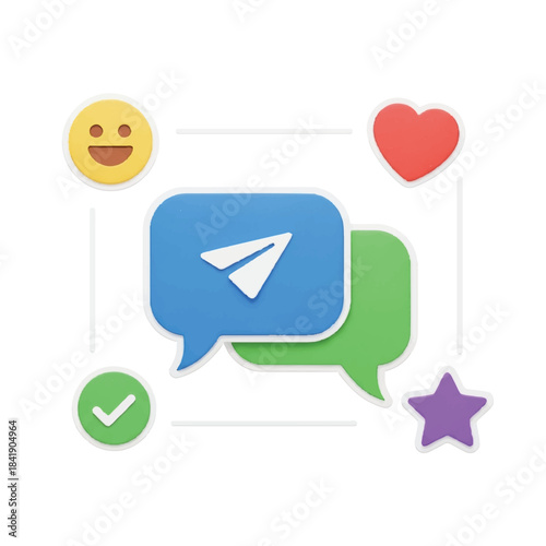 Messaging application interface with chat bubbles and social media icons.