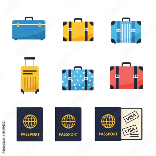 Collection of travel essentials including various suitcases and passports with visa stamps.