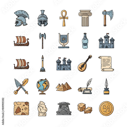 Historical and Ancient Civilizations Icon Set with Various Artifacts and Symbols.