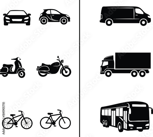 Collection of black vector icons illustrating various modes of transportation. Includes cars, motorcycles, bicycles, van, truck, and bus