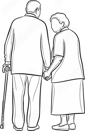 Black and white line drawing of an elderly couple holding hands, viewed from the back. The man uses a walking cane