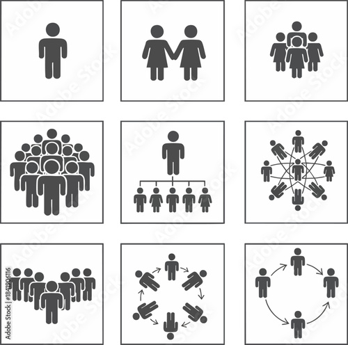 Set of nine minimalist icons depicting diverse human relationship structures, teamwork, hierarchy, and social networks