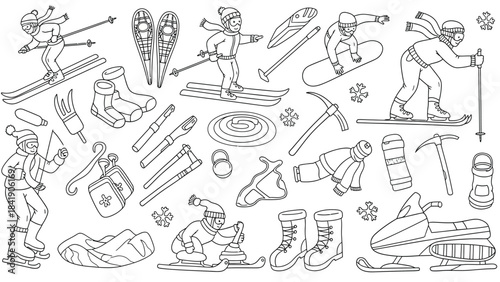 A collection of line art illustrations depicts various winter sports equipment and activities, including skiing, snowboarding, ice skating, and snowshoeing.