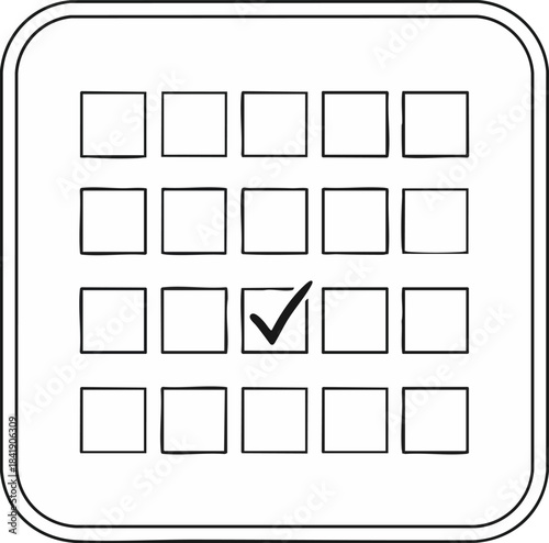 Hand-drawn icon representing a simple calendar or schedule with one marked event or completed task via a bold checkmark. Ideal for planning concepts
