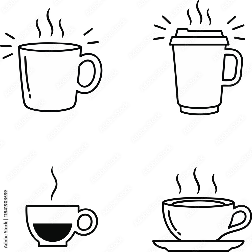 Obraz premium Collection of simple line art icons depicting hot beverages in cups, including a mug, a travel cup, and a demitasse