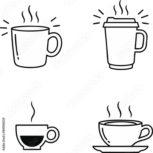 Collection of simple line art icons depicting hot beverages in cups, including a mug, a travel cup, and a demitasse