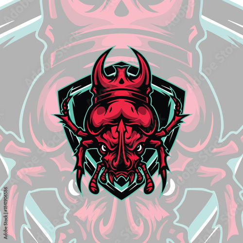 Aggressive Red Rhinoceros Beetle Mascot Logo E-sport Style Design with Detailed Horned Insect Head on a Shield Emblem.