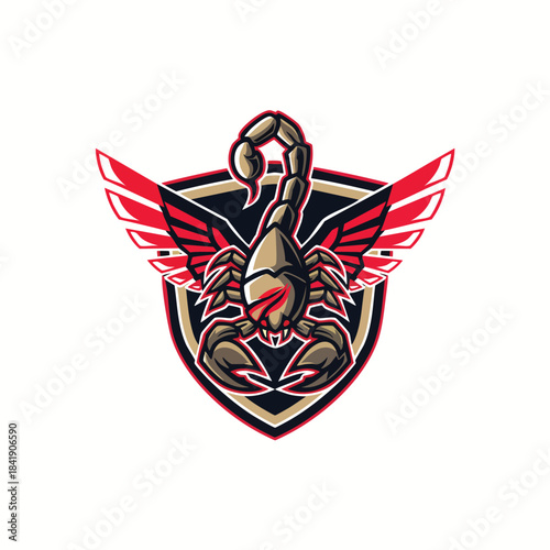 Ferocious Scorpion Mascot Logo Design with Dynamic Red Wings on a Protective Shield Emblem for Gaming Teams.