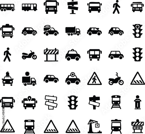 A collection of black and white icons representing various modes of transportation and traffic signals