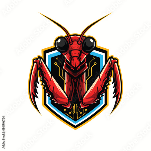 Aggressive Red Praying Mantis Mascot Logo with Cybernetic Circuit Board Details on a Shield for Tech or Gaming.
