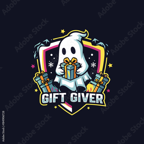 Adorable spooky ghost mascot logo holding a blue wrapped gift box, perfect for holiday, stream, or gaming branding.