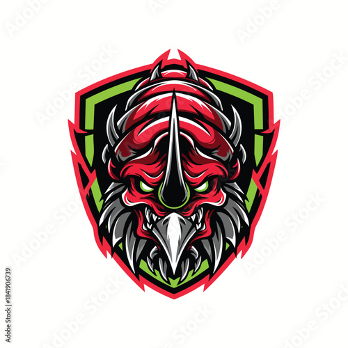 Ferocious mythical monster mascot logo featuring a red head with a sharp horn and beak, encased in a vibrant neon green and red shield.