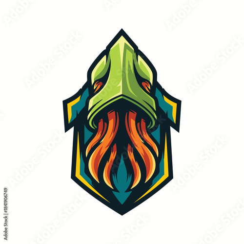 Mysterious deep-sea squid or kraken mascot logo with vibrant orange tentacles and a strong green geometric helmet design.