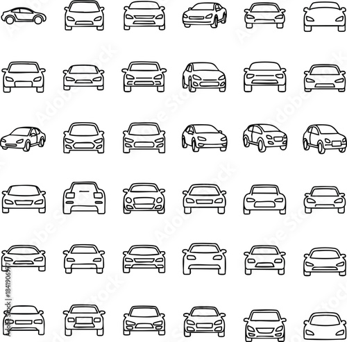 Collection of car icons in black outlines. A diverse set of vehicles, suitable for design, illustration, and automotive themes
