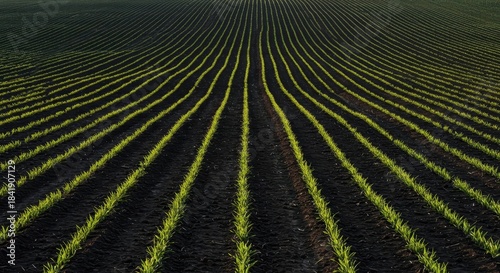 Early spring landscape showing agricultural land transitioning from winter dormancy to new life, with rows of dark, damp soil, renewal, nature, rural