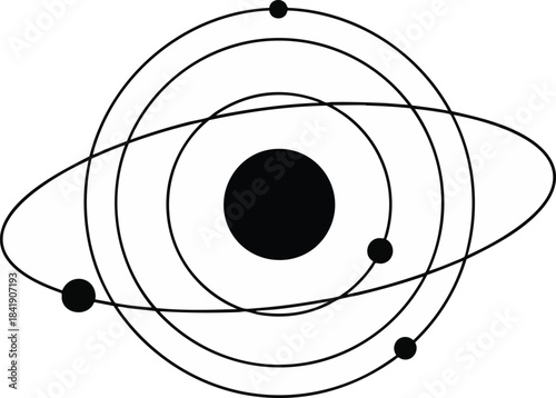 A simplified, stylized graphic illustration of an atom with a central nucleus and orbiting electrons