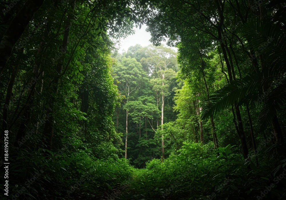 Obraz premium Lush, dense rainforest canopy creating a cool, dark shade beneath vibrant green foliage, filtering bright, hot sunlight, vegetation, forest, growth