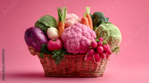 Assortment of fresh vegetables in a wicker basket on a pink background.
